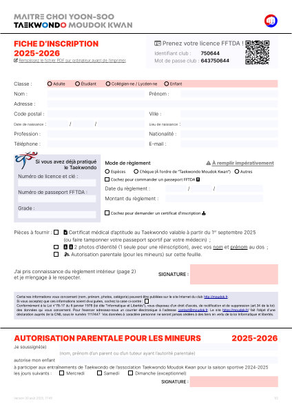 Formulaire d’Inscription Taekwondo Moudok Kwan 2025-2026