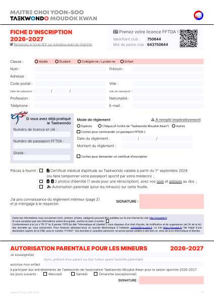 Formulaire d’Inscription Taekwondo Moudok Kwan 2026-2027