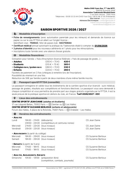 Informations Rentrée 2026-2027 Taekwondo Moudok Kwan